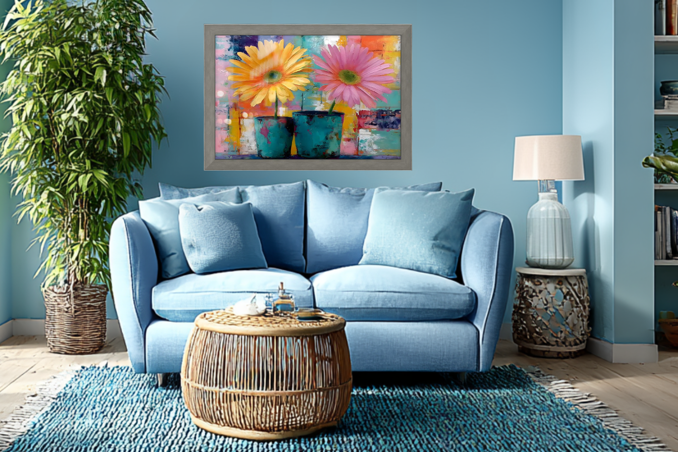 Neutral living room with oversized floral abstract print